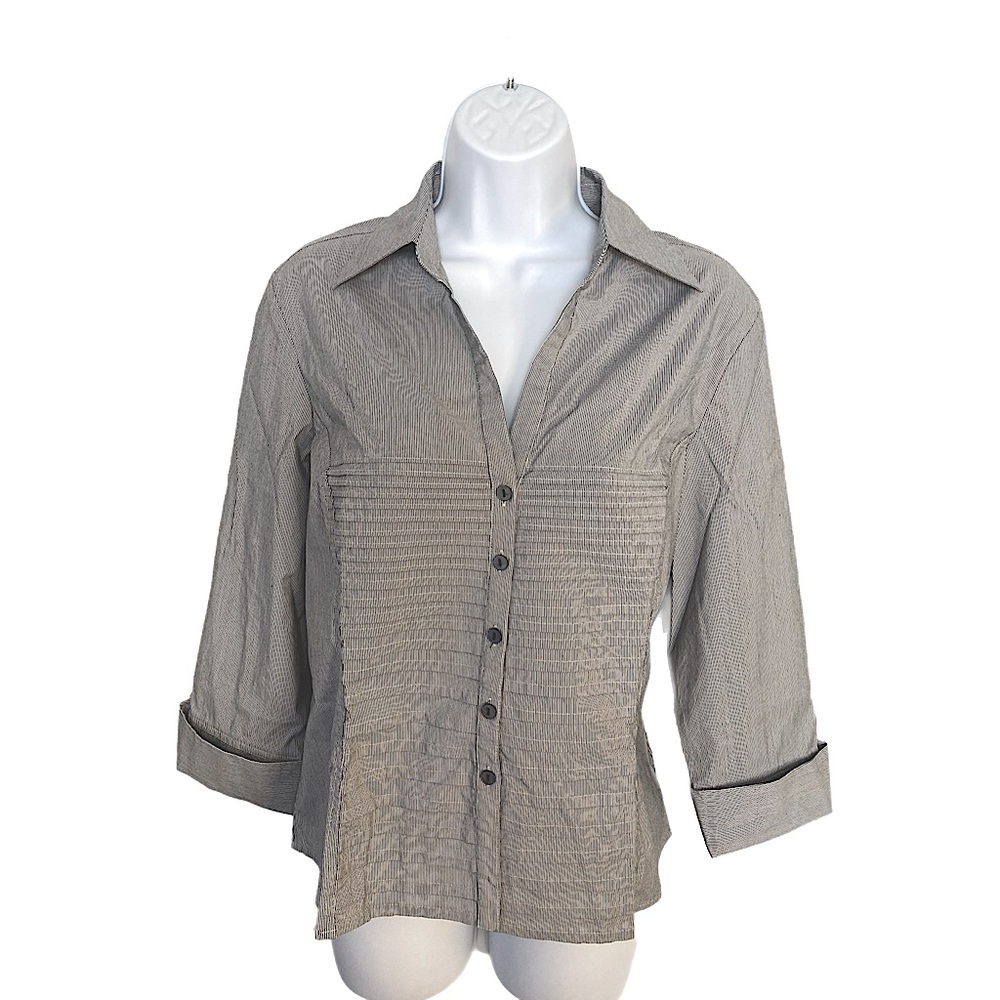 SARA I Women’s Blouse L Gray Cotton Blend Office Career 3/4 Sleeves Button Down